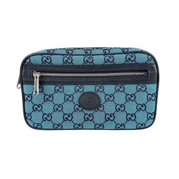 Auth GUCCI Waist Bag Belt Bag Blue/Navy GG Canvas/Leather/Silvertone - z4204 - Picture 1 of 16